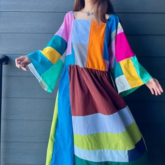 Handmade Quilted Patchwork Colorblock Dress SKU 02265 - Picture 5 of 16